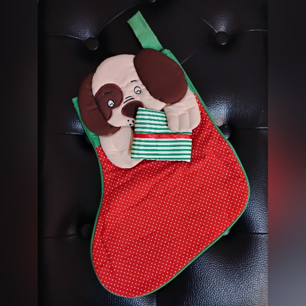 Festive Dog Puppy Christmas Stocking Quilting Embroidery Hight Approx 9 Inch